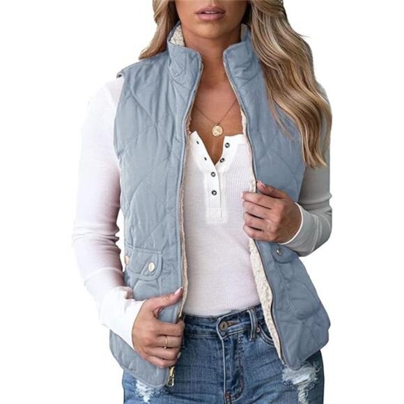 Valphsio Women's Reversible Sherpa Vest Quilted Zip Fleece Padded Gilet with - Picture 6 of 6